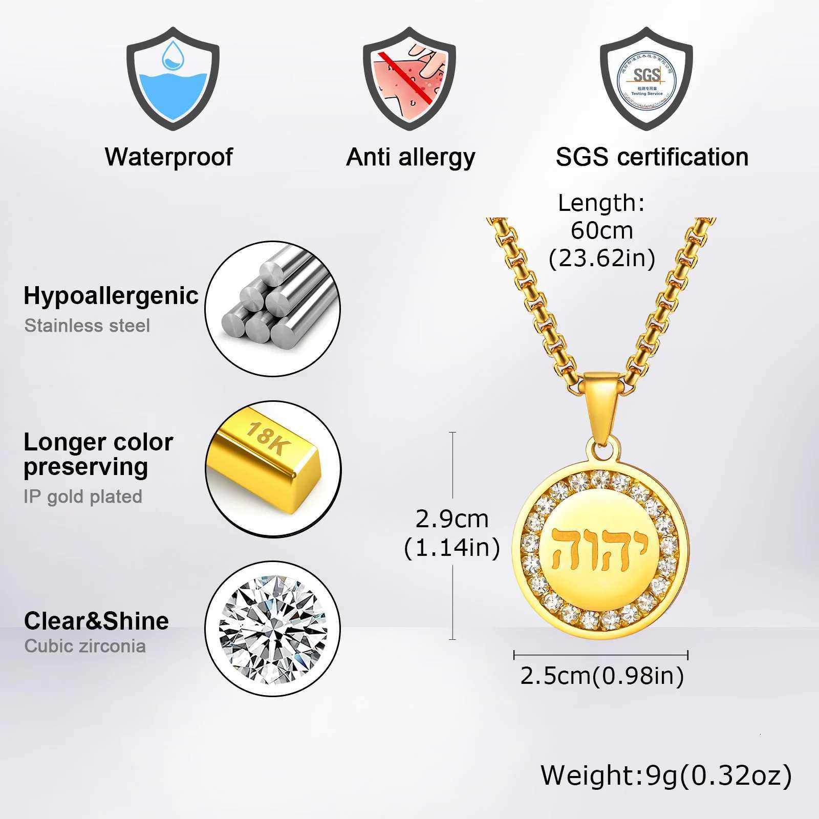 Mens Hebrew Round Necklace with Zircon Non-Fade Stainless Steel Pendant Necklace Hebrew Jewelry Gifts W250718