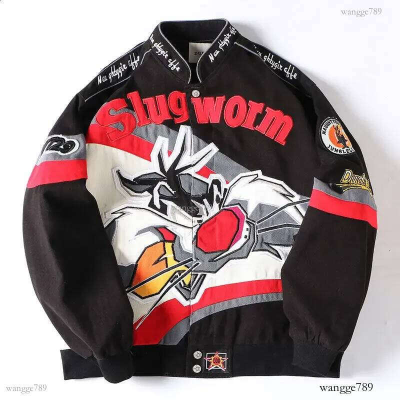 High Street Embroidered Anime Baseball Jacket Men Workwear Loose Motorcycle Jacket Pure Cotton Zipper Long Sleeve Stand Collar 240810