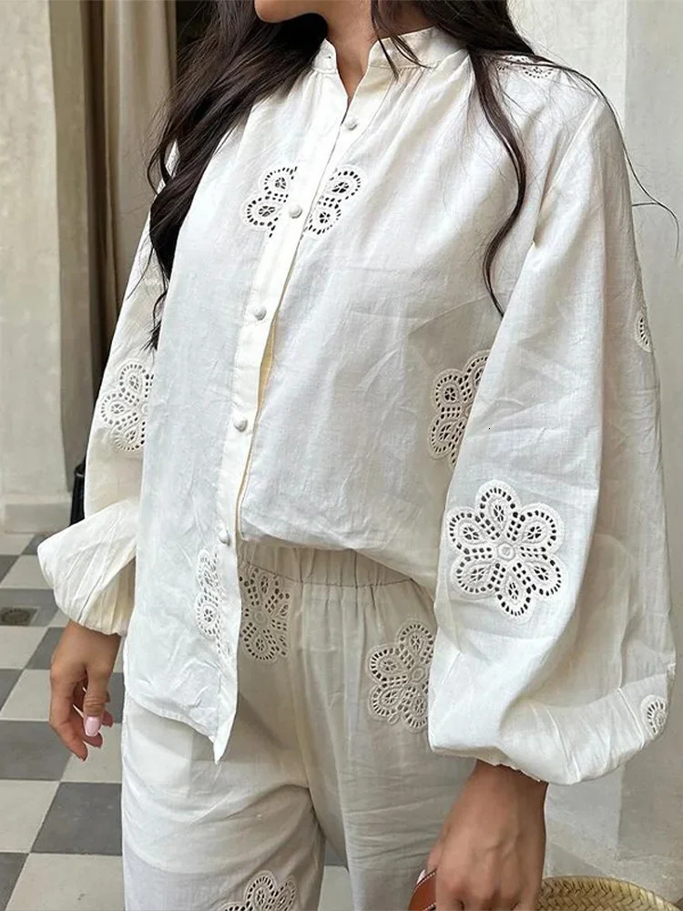 Womens Hollow Out Shirts Trouser Suits Long Sleeve O-Neck Solid Lady Sets 2025 Summer Fashion 2 Pieces Set Women Outfits 250715