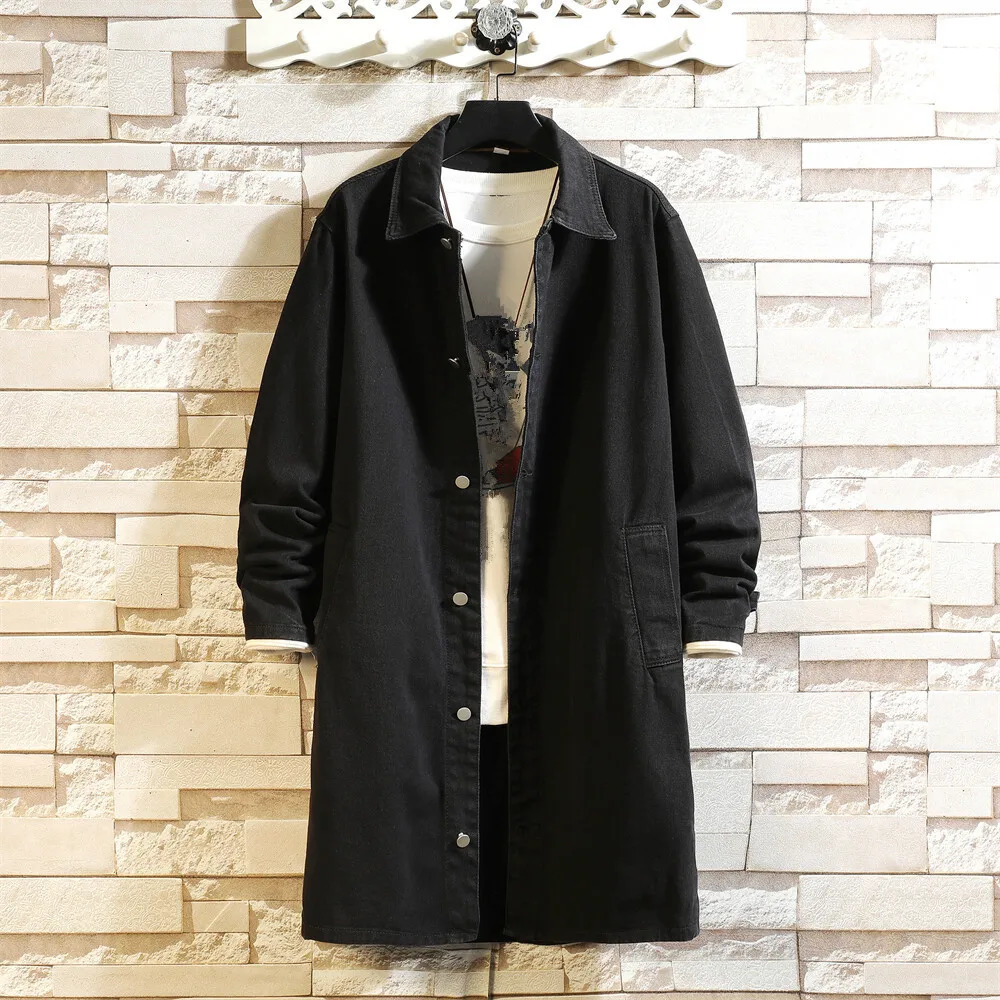 Spring Autumn Fashion Denim Trench Men Casual Windbreaker Coat Solid Color Long Mens Turn Down Collar Jackets Outerwear Man 250716