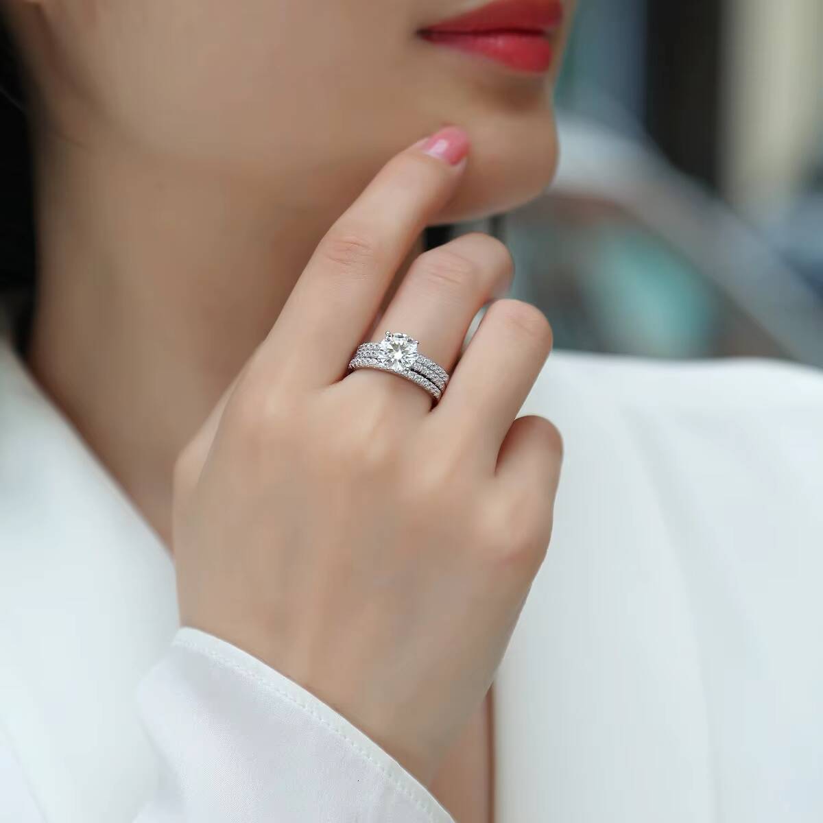 Zanlong 13772 2CT Stylish Elegant Womens Engagement 18K White Gold Plated Moissanite Diamond Ring Stackable Eternity Diamonds