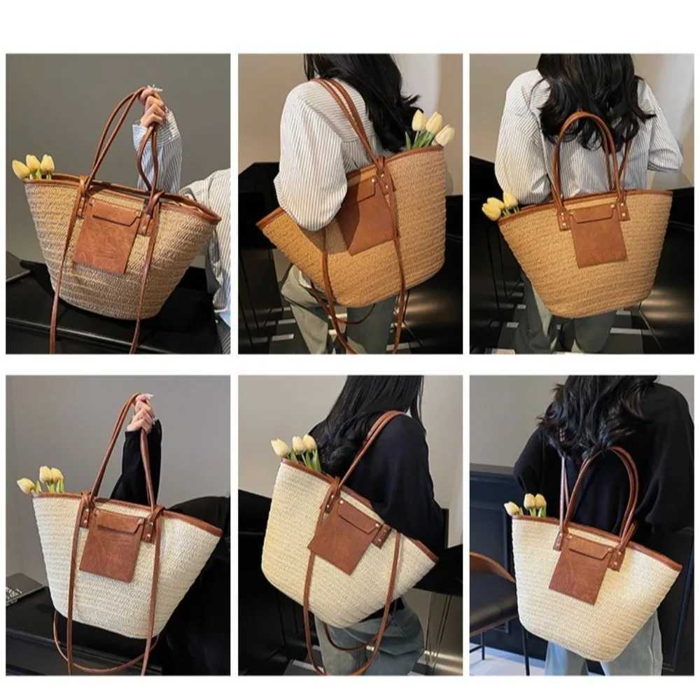 Vintage Style Str Baskets Bag Handmade Woven Rattan Material Woven Shoulder Bag Bohemian Design Raffia Circle Beach Bag Y250719