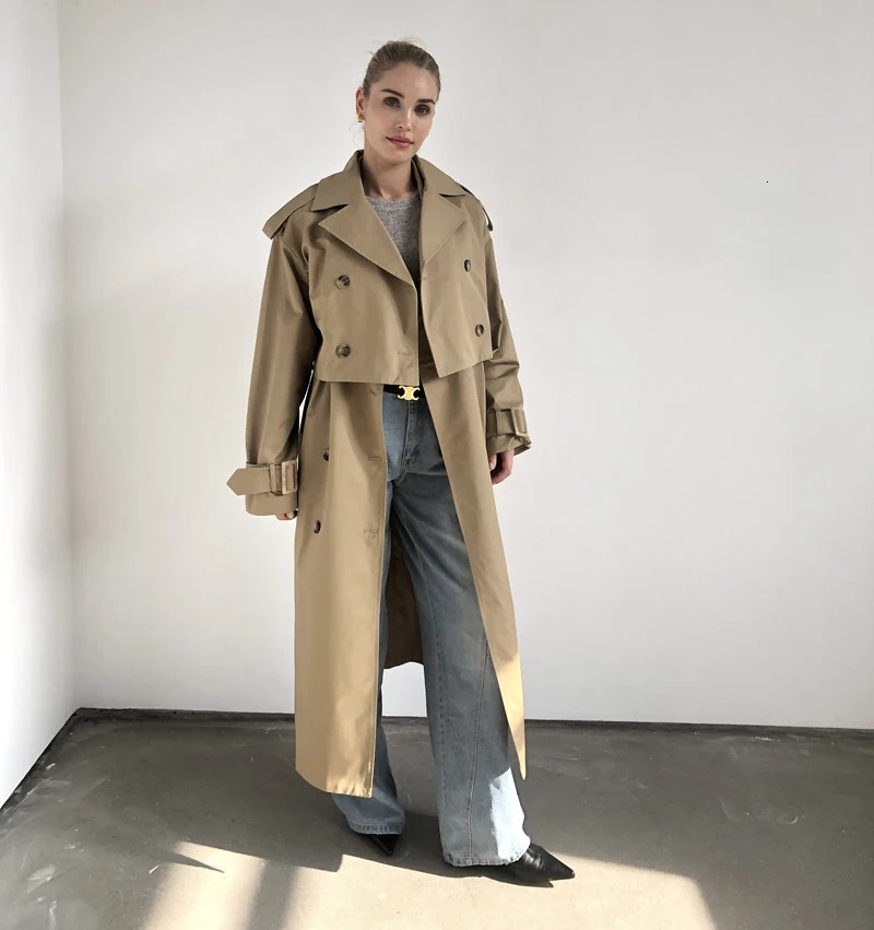 2025 Women Fashion Fall Autumn 2 piece long trench coat Female outerwear blue Khaki 250715