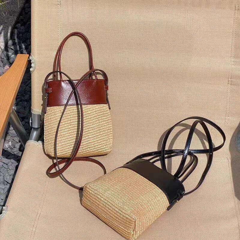 Summer Straw Beach Retro Patchwork Brown Raffia Tote Designer Women Crossbody Bucket Bag Color Blocking Long Shoulderbag