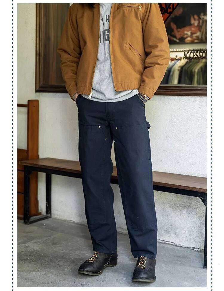 QT Old Era Double Knee Reinforced Canvas Overalls Double Knees American Retro Straight Thick Casual Pants