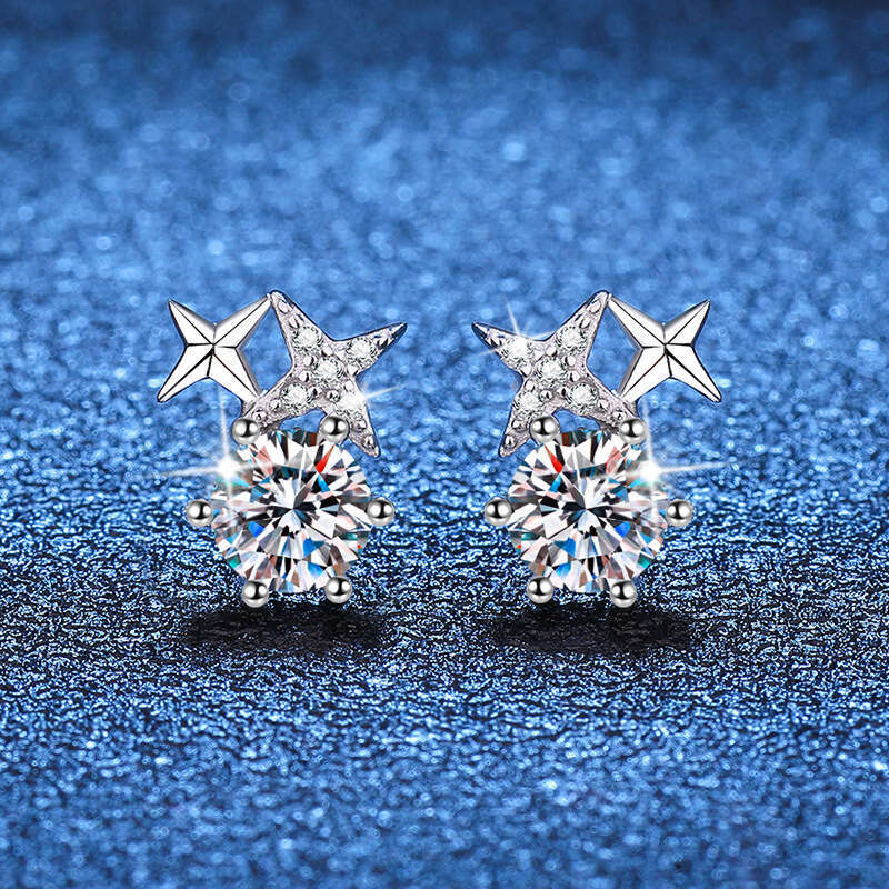S Pure Sier Simple Six-Prong Korean Style Eight-Pointed Star Earrings 1 Carat D Color Moissanite Studs for Women 316