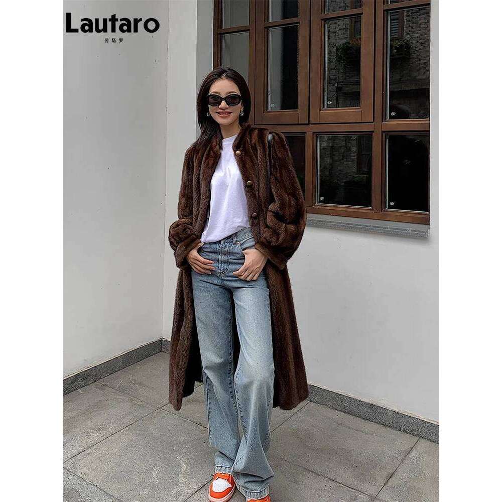 Lautaro Winter Long Brown Thick Warm Soft Faux Mink Fur Coat Women Puff Sleeve Elegant Chic Fluffy Furry Overcoat 2023 MDNG