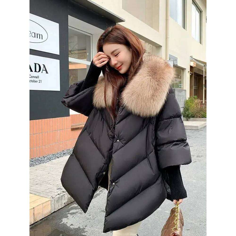 New Female Loose Outerwear Fashion Overcoat Women Winter 90% White Duck Down Jacket With Big Woolen Collar Coat MDNG