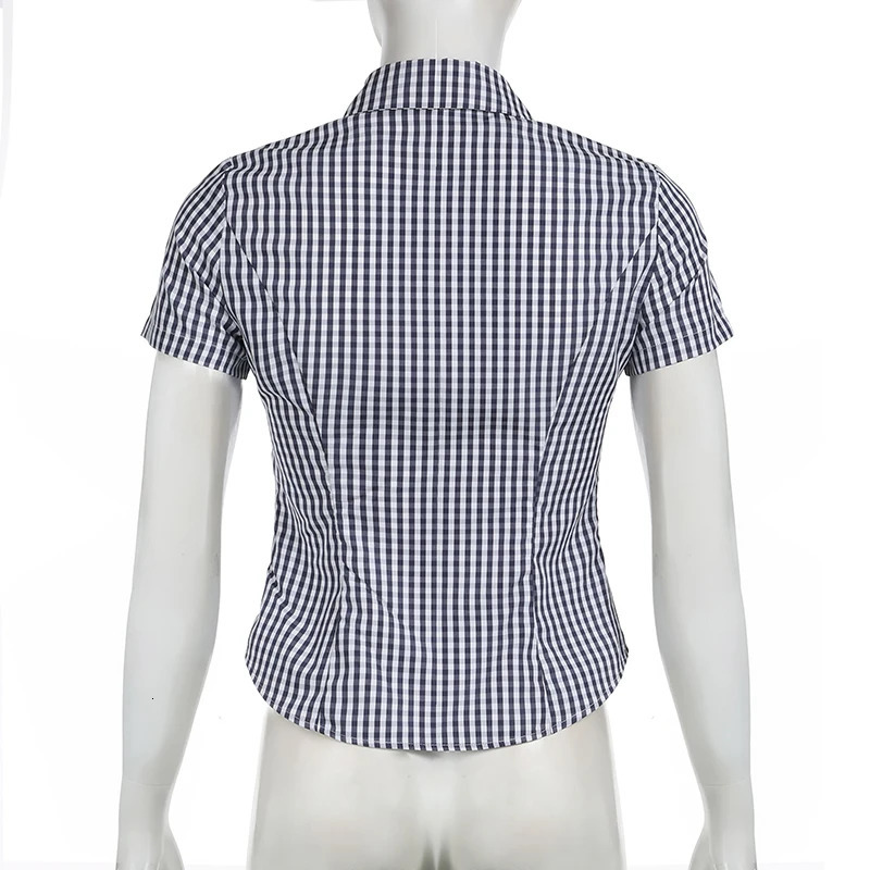 Darlingaga Vintage Fashion Plaid Shirt Women Cropped Top ButtonsUp Cardigan Y2K Korean Style Casual Summer Blouse Short Sleeve 250717