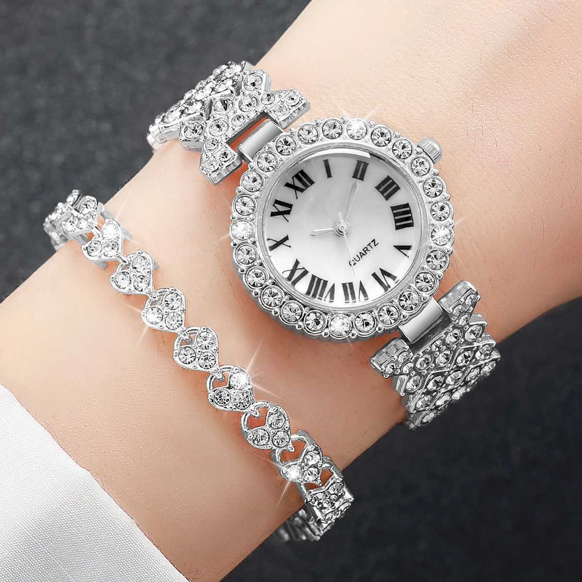2PCs/Set Womens Luxury Watch Fashion Diamond Inlaid Dial Quartz Temperament Girls Watch Bracelet Set (Box Not Included) W250718