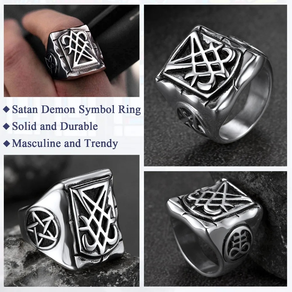 7 Stainless Steel Satan Rings Satanic Symbols Sign Inverted Pentagram Pentacle Leviathan Cross Skull Ring Gothic Punk Jewelry 250717