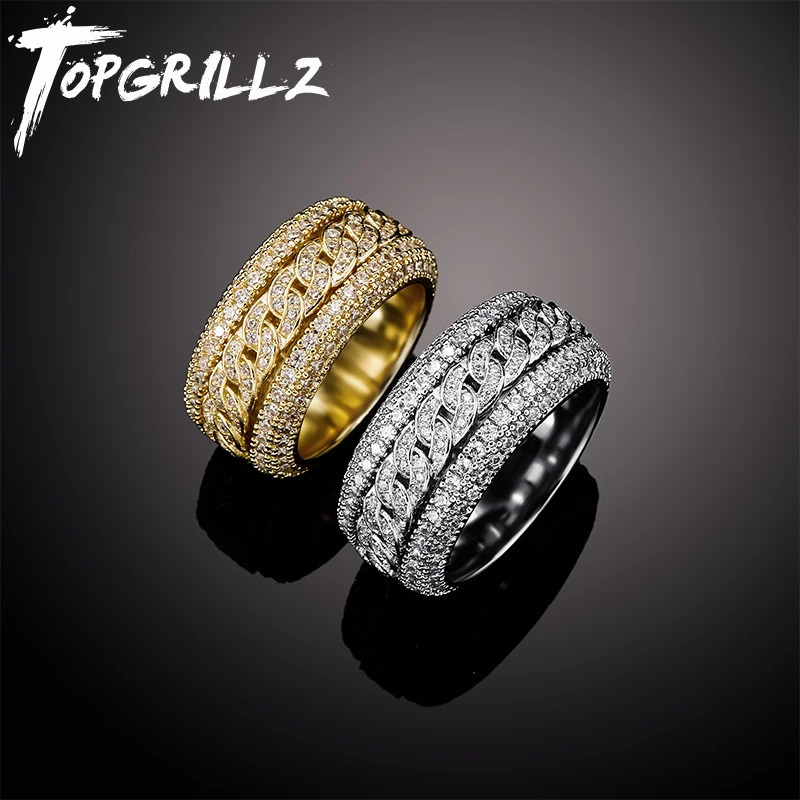 TOPGRILLZ Fashion Hip Hop Rock Rings Bling Iced Out Cuban Link Ring Micro Pave CZ Stone Ring For Women Men Punk Accessories 250717