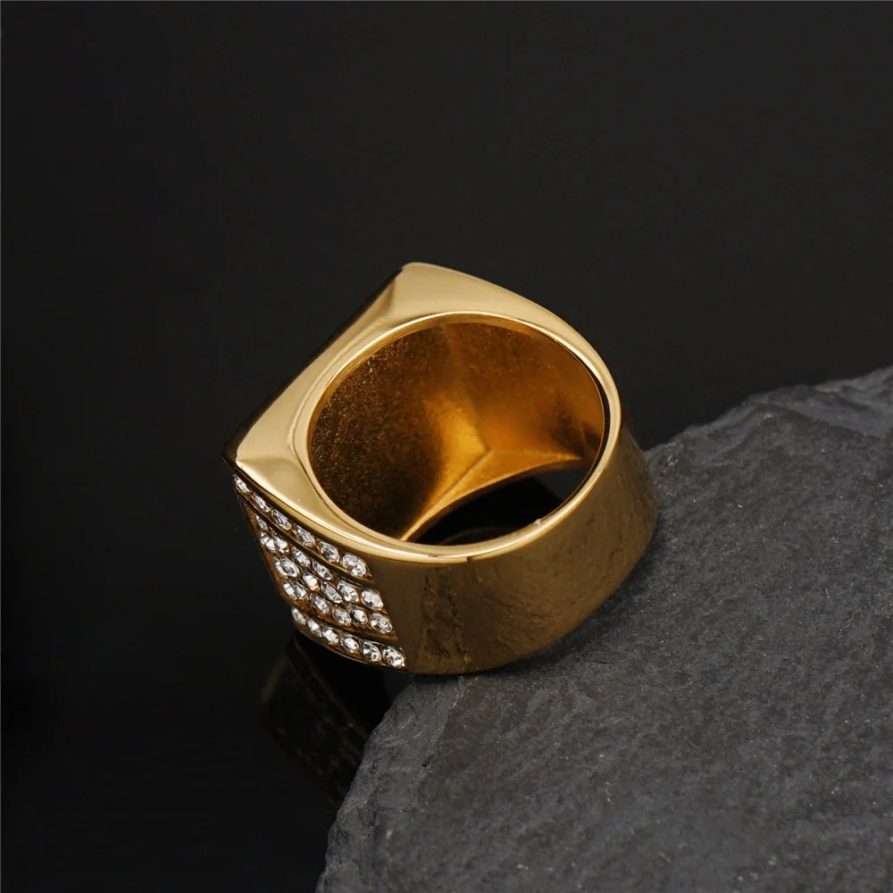 iced Out Mens Ring Gold Color Stainless Steel Cubic Zirconia Shiny Big Square Rings For Men Rapper Hip Hop Jewelry Drop 250717