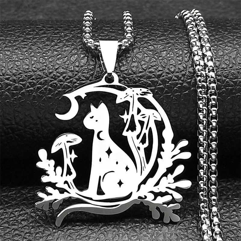Night Witchcraft Black Cat Pendant Necklace For Women Men Stainless Steel Half-Moon Mushro Plant Chain Jewelry Gifts W250719