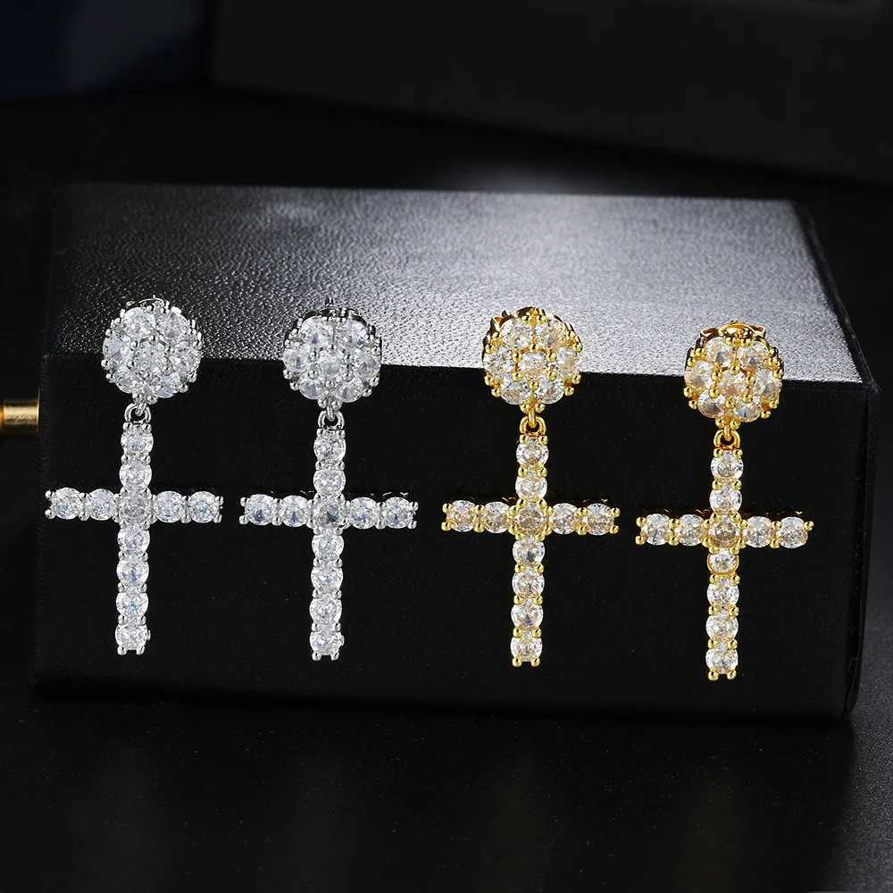 Male HipHop Ear Studs Full White Zircon Cross Stud Earrings For Men Women Punk Vintage Gold Silver Color Unisex Party Jewelry XJ250718