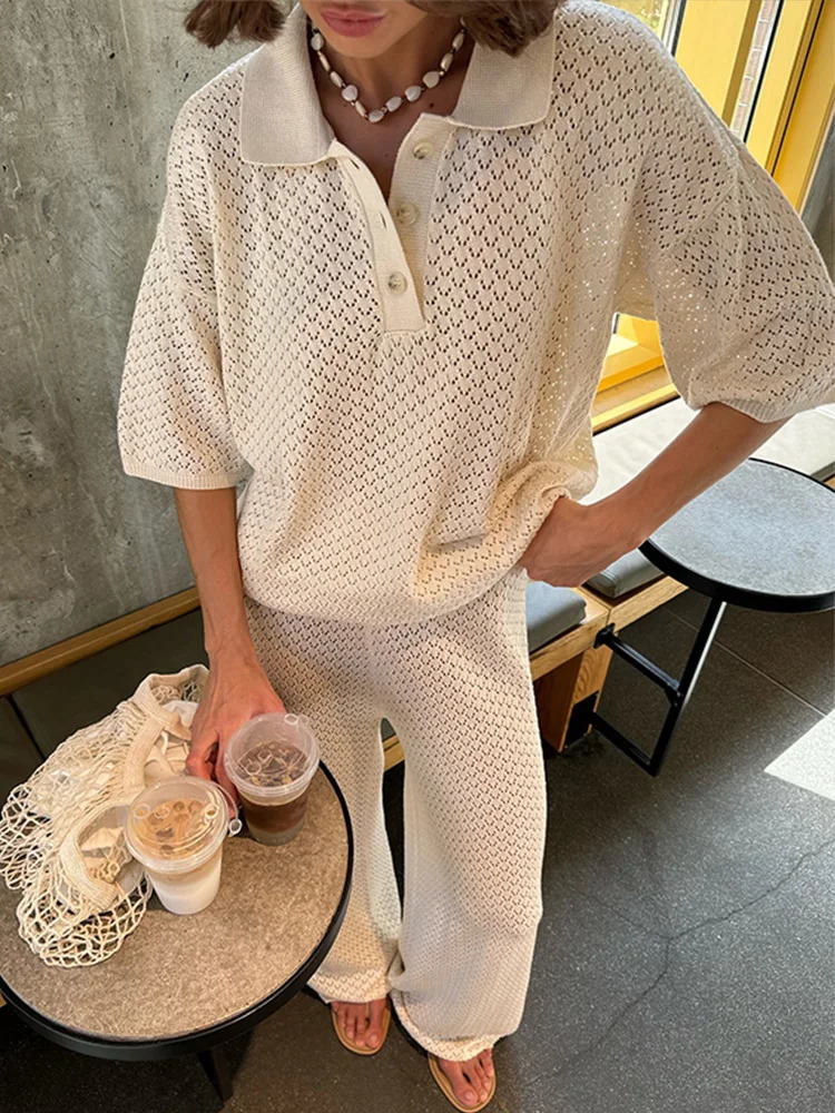 Fashion Knit Long Pants 2 Piece Sets Woman Outfit Casual Polo Neck Half Sleeve Shirt Wide Leg Trousers Suit 2025 Lady Set 250715