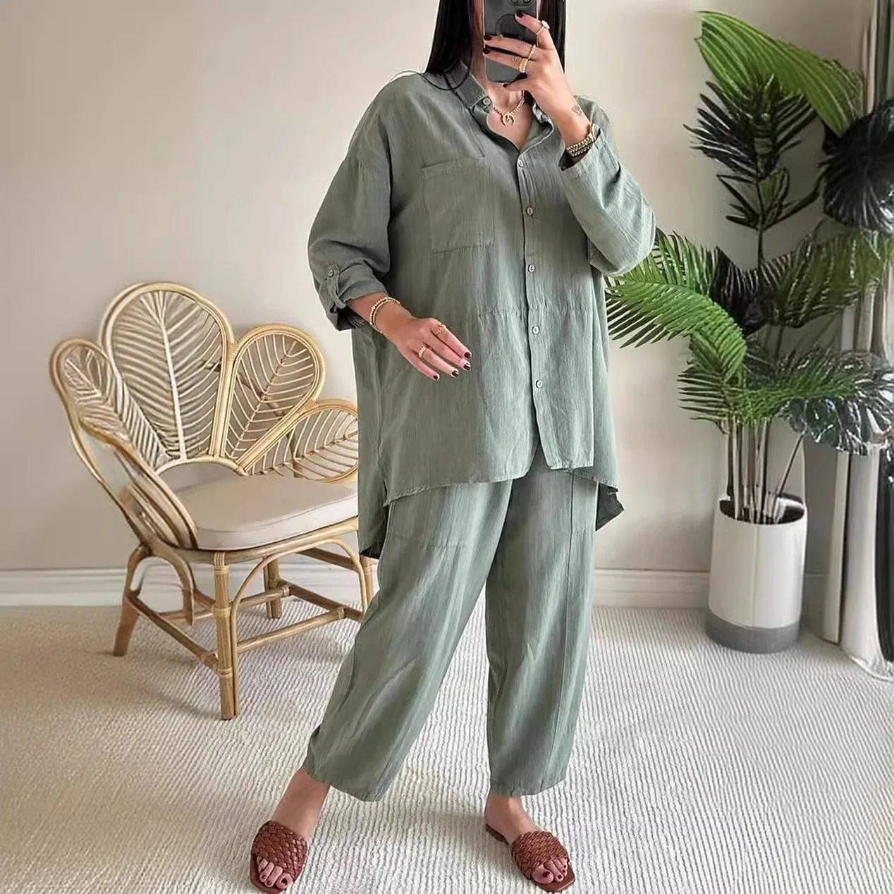Casual Blue Cotton Linen Casual Women Set Autumn Single Breasted Lapel Shirt Pants 2 Piece Sets Long Sleeve Loose Trousers Suit 250715