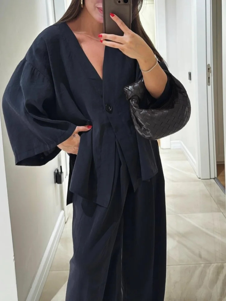 Loose Solid Cotton Linen Pants Sets Casual Buttons Half Sleeve V-neck Shirts Suits 2025 Female High Street Outfits Summer 250715