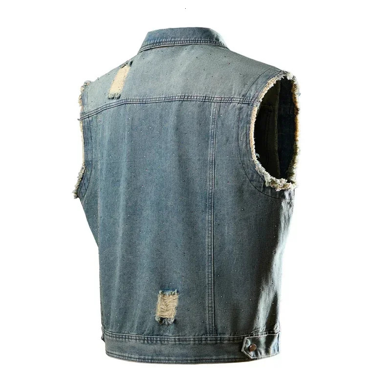 2025 Blue Mens Lapel Sleeveless Denim Jacket Single Breasted Loose Vintage Vest 250707