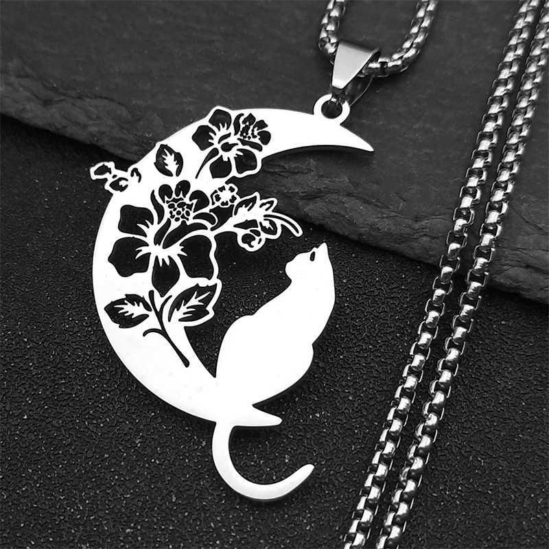 3220 Aesthetic Cat Flower Moon Crescent Necklace for Women Men Stainless Steel Silver Color Bohemian Chain Gift Jewelry Necklace W250718