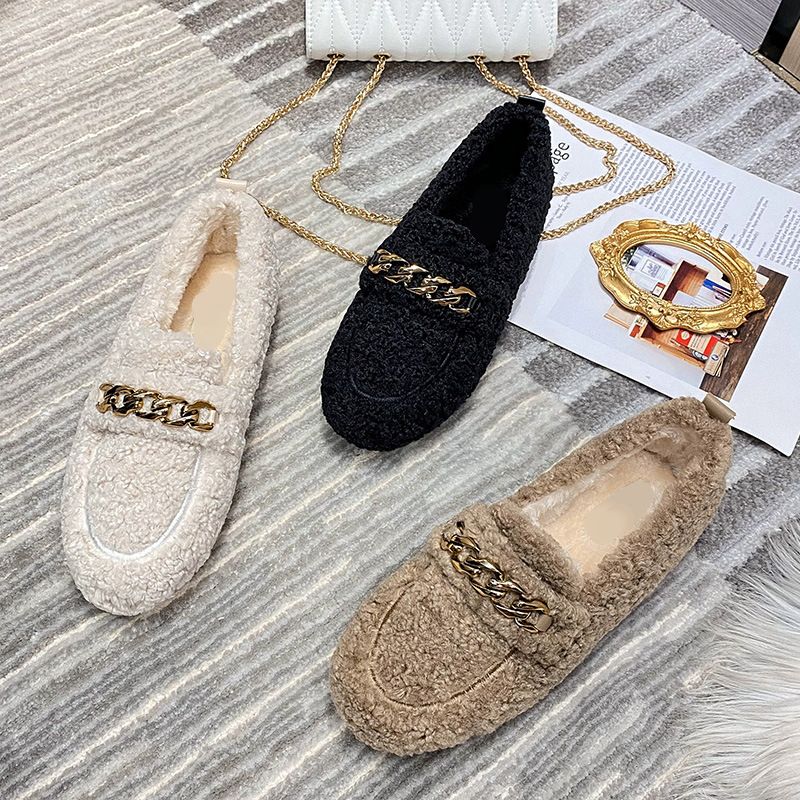 Stylish Lamb Fur Women Platform Metal Decor Vintage Shoes Slip On Plush Lining Female Cork Winter Slides Shoes Woman Furry Soft Sole Casual Oversized 