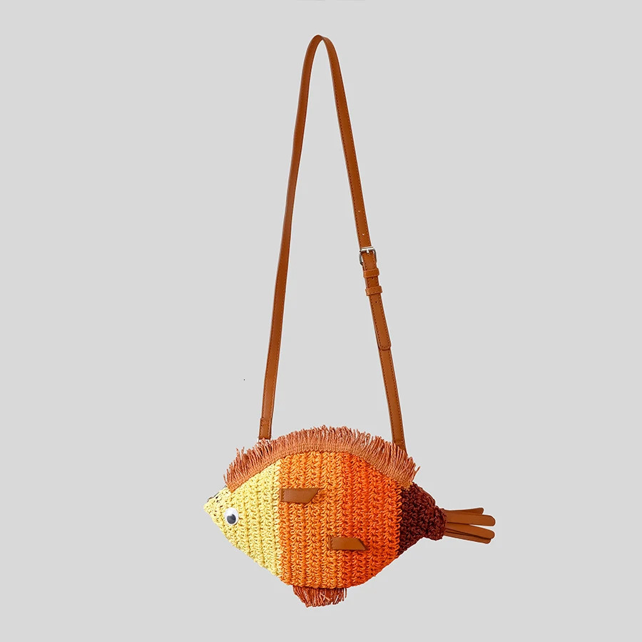 Creative Fish Shaped Straw Shoulder Bags Funny Paper Woven Crossbody Bag Cute Handmade Summer Beach Bag Novelty Holiday Purses 250717