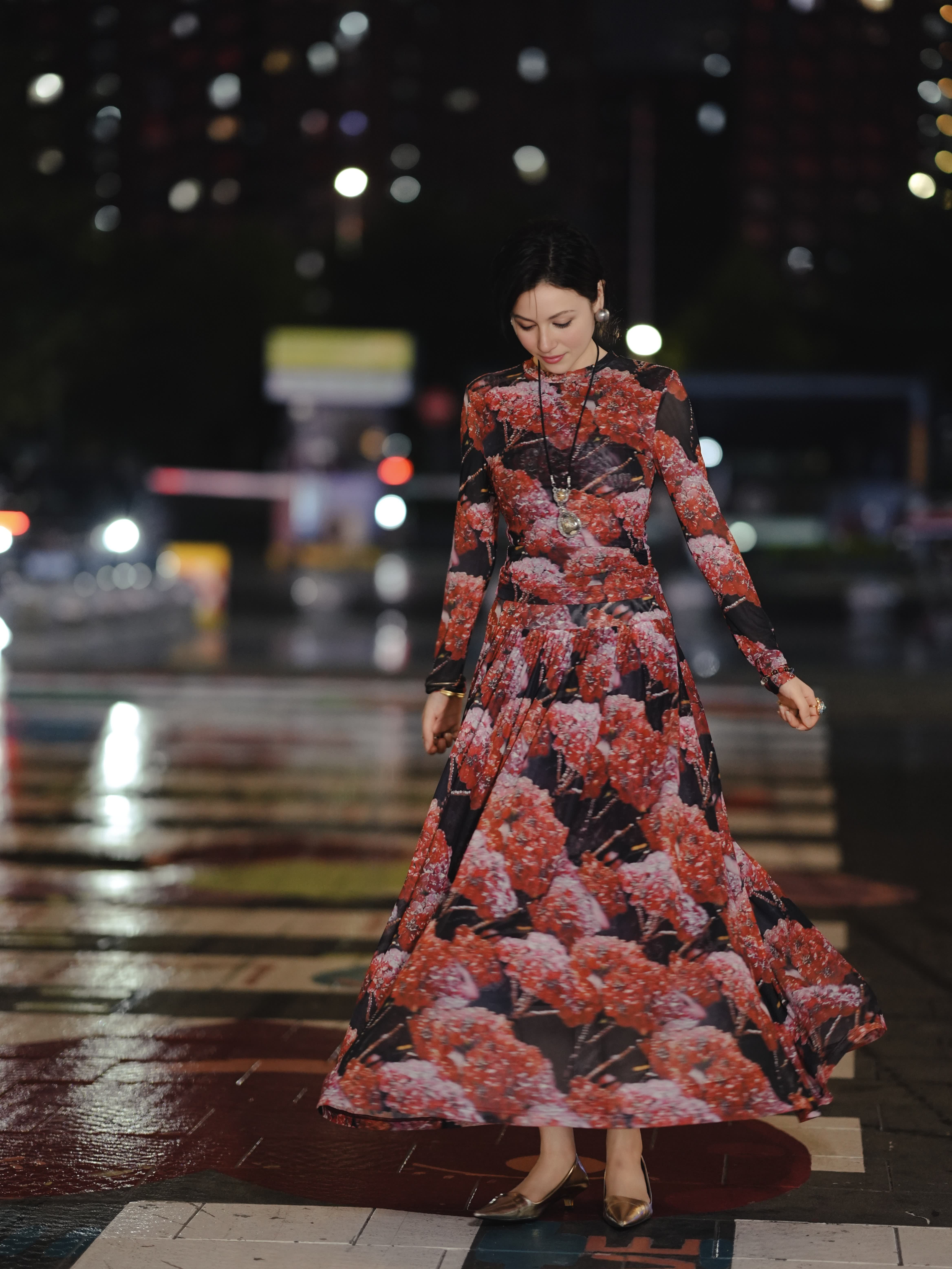 HZHJ New Designer's Red Flower Cluster Winter Long Sleeve Set Skirt Slimming Printed Dress Medium Length