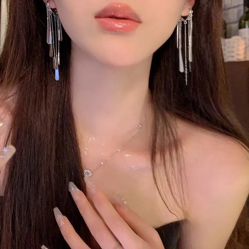 925 Sterling Silver Long Tassel Earrings Ear Hoop for Women Fine Jewelry Wedding Party Gifts Cute Accessories 250715