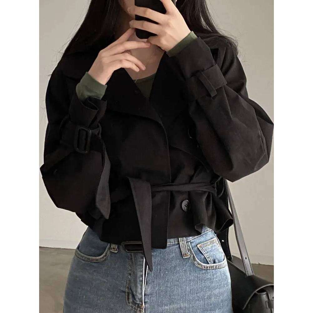 2colors Korean Women Autumn Trench Coats Short Jacket Casual Female Lace Up Coat Tops womens (hf1903)