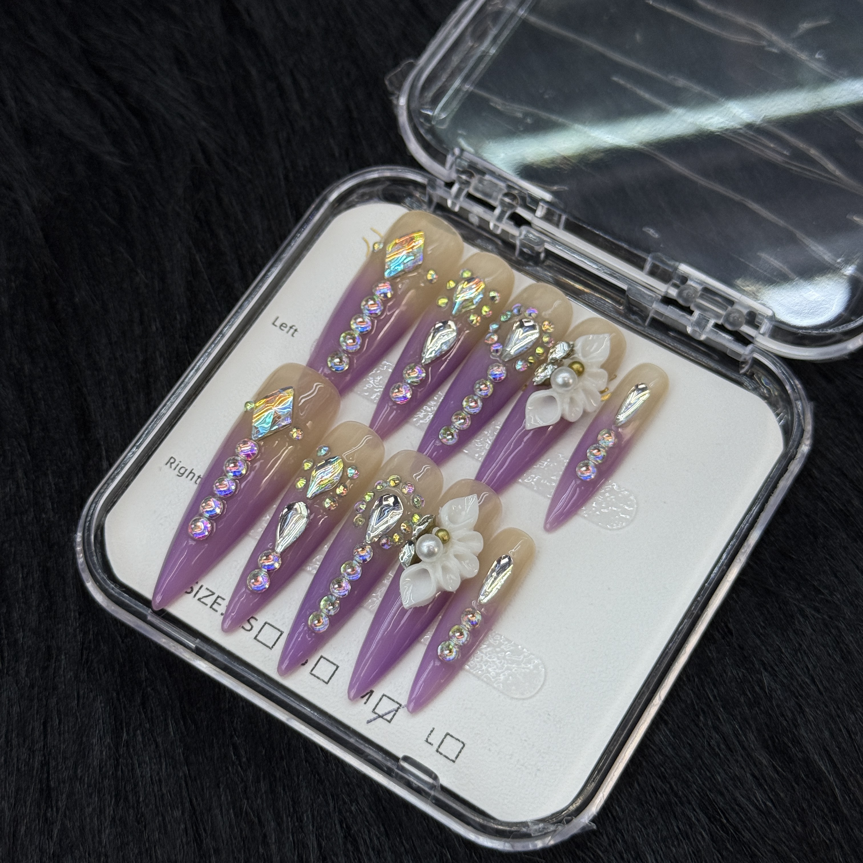 10Pcs Luxury Purple Rhinestone Press-On Nails - Elegant Floral Manicure Set