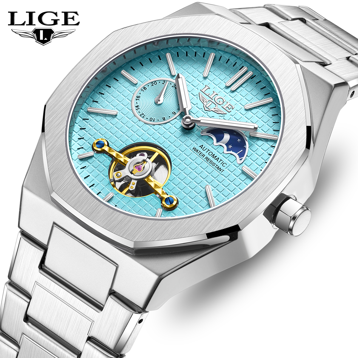 LIGE Men's Mechanical Watch Automatic Tourbillon Stainless Steel Strap 30m Waterproof Watch Moon Phase Fashion Business Watch Holiday Gifts