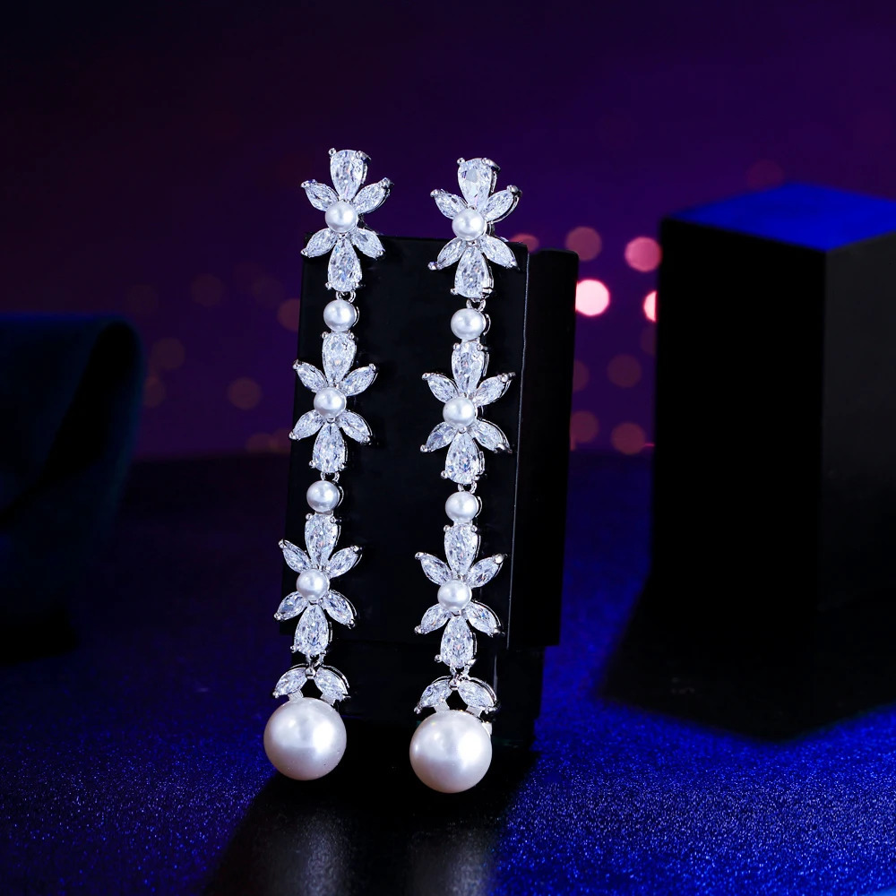 CWWZircons Shiny White CZ Paved Silver Color Long Dangle Drop Pearl Flower Leaf Cubic Zirconia Earrings for Women Wedding CZ478 250716