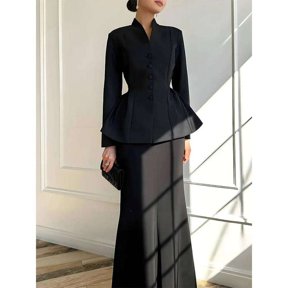 Solid Stand Collar Women Blazer Set Hip Package Slim Lady Long Skirts Sets Elegant Office Single-breasted Female Coat Suit