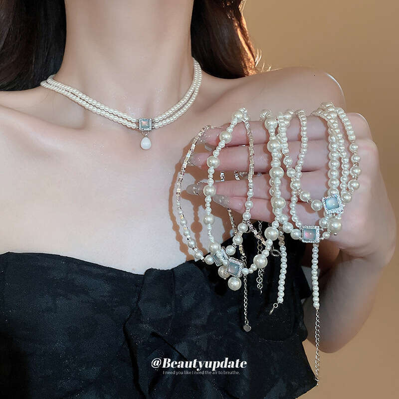 Real Gold Plated Gradient Zircon Pearl Braided Necklace French Style High-end Clavicle Chain Elegant Fashion Choker