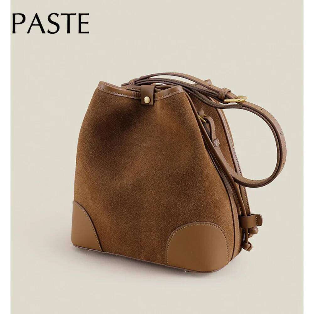 Retro Stylish String Close Gift Pouch Marroon Coffee Color Small Bucket Tote Matte Suede Leather Women Crossbody Shoulder Bag