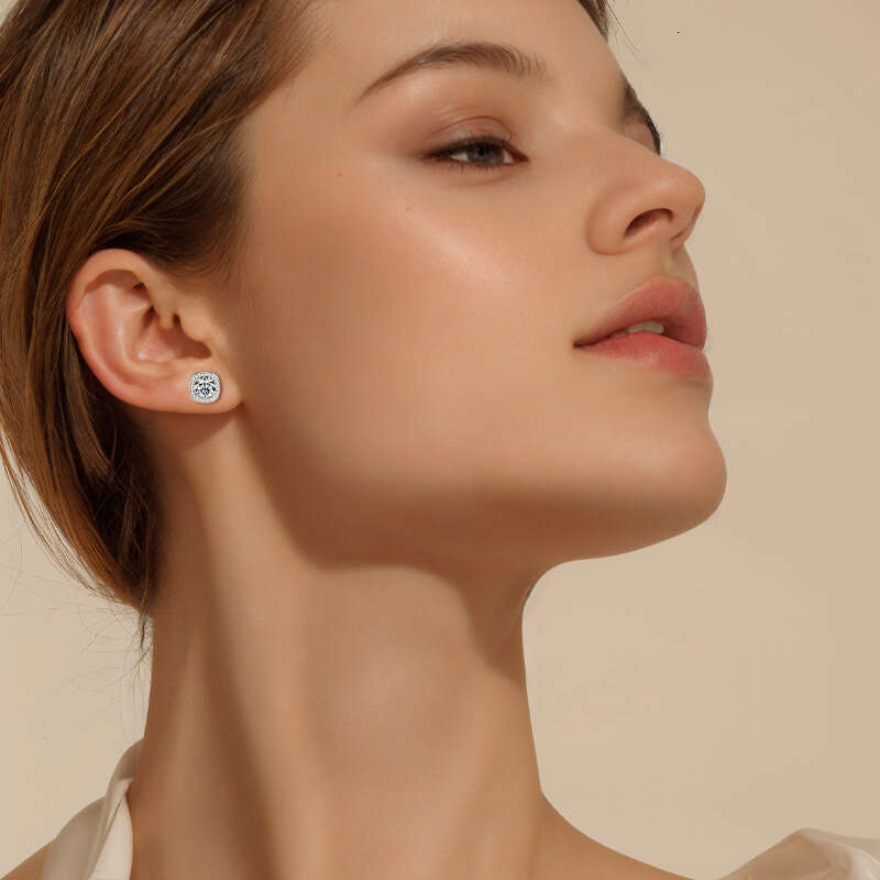 S Sier Small Sugar Cube Classic Unisex Four-Prong Round One Carat Moissanite Earrings for Women