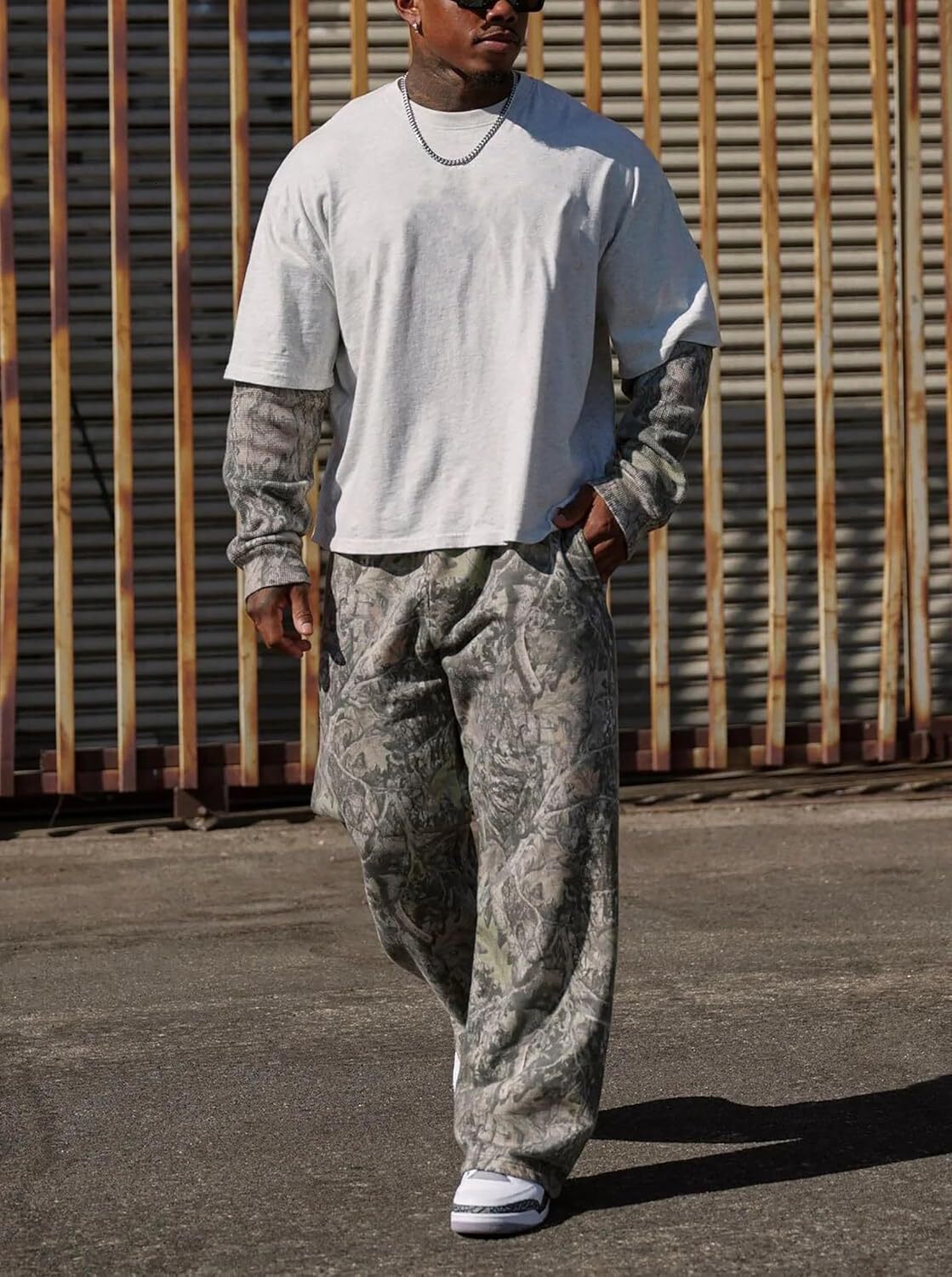 Men's Camo Graphic Leaf Print Baggy Sweatpants Joggers Casual Elastic Waist Wide Leg Trousers Y2K Streetwear Pants