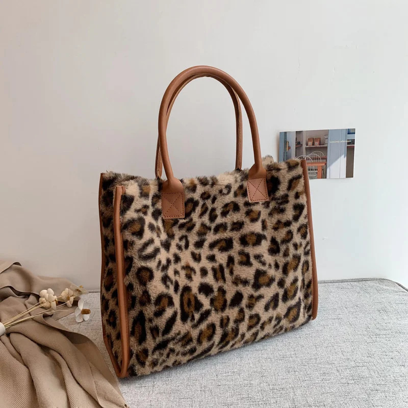 Women Soft Plush Hand Bag Winter Leopard Cow Print Tote Bags Female PU Leather Underarm Bags Furry Fluffy Shoulder Bag 250717