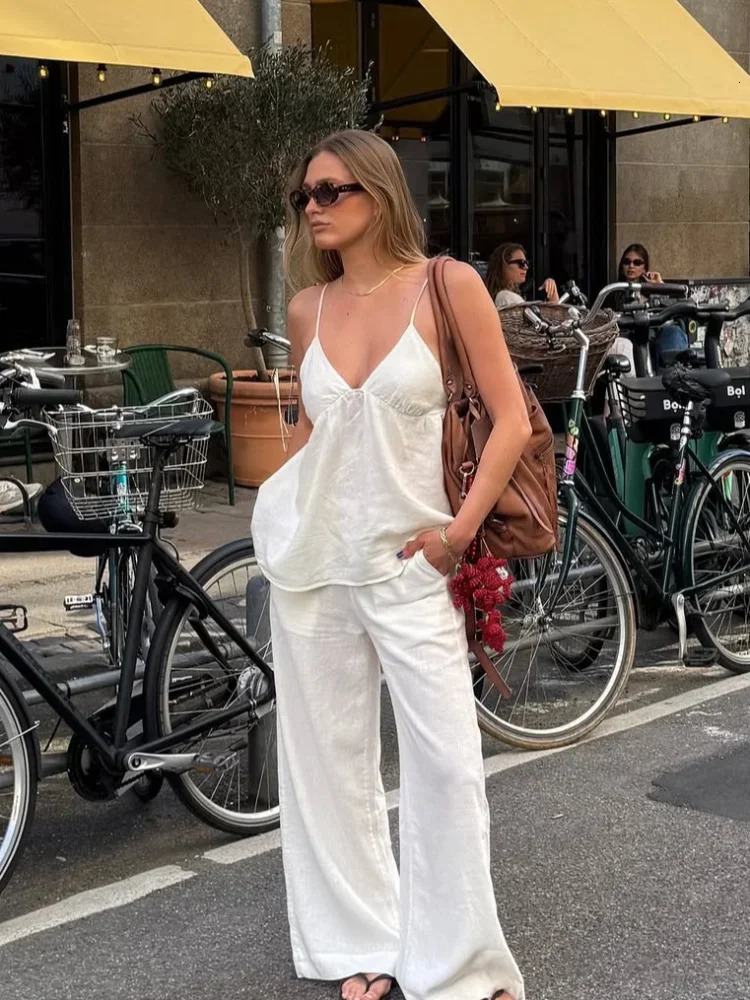 Fashion Solid Cotton Linen Backless Vest Pant Set Women Sleeveless Tank Tops High Waist Wide Leg Pants Suit 2025 Lady Streetwear 250715