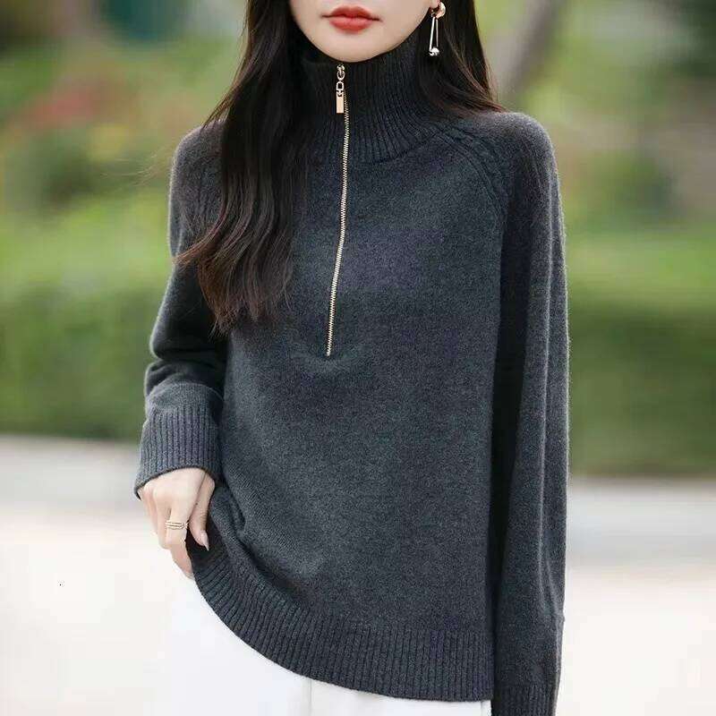 Quality Turtleneck Sweater Women Knitwear Loose Casual Zipper Half Open Collar Pullovers Autumn/Winter Supple Knit Top Keep Warm MDNG