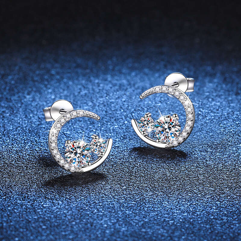 S Pure Sier Women, Light Korean Style Star and Moon Earrings, D Color 80 Points Moissanite Earrings for Women ea7