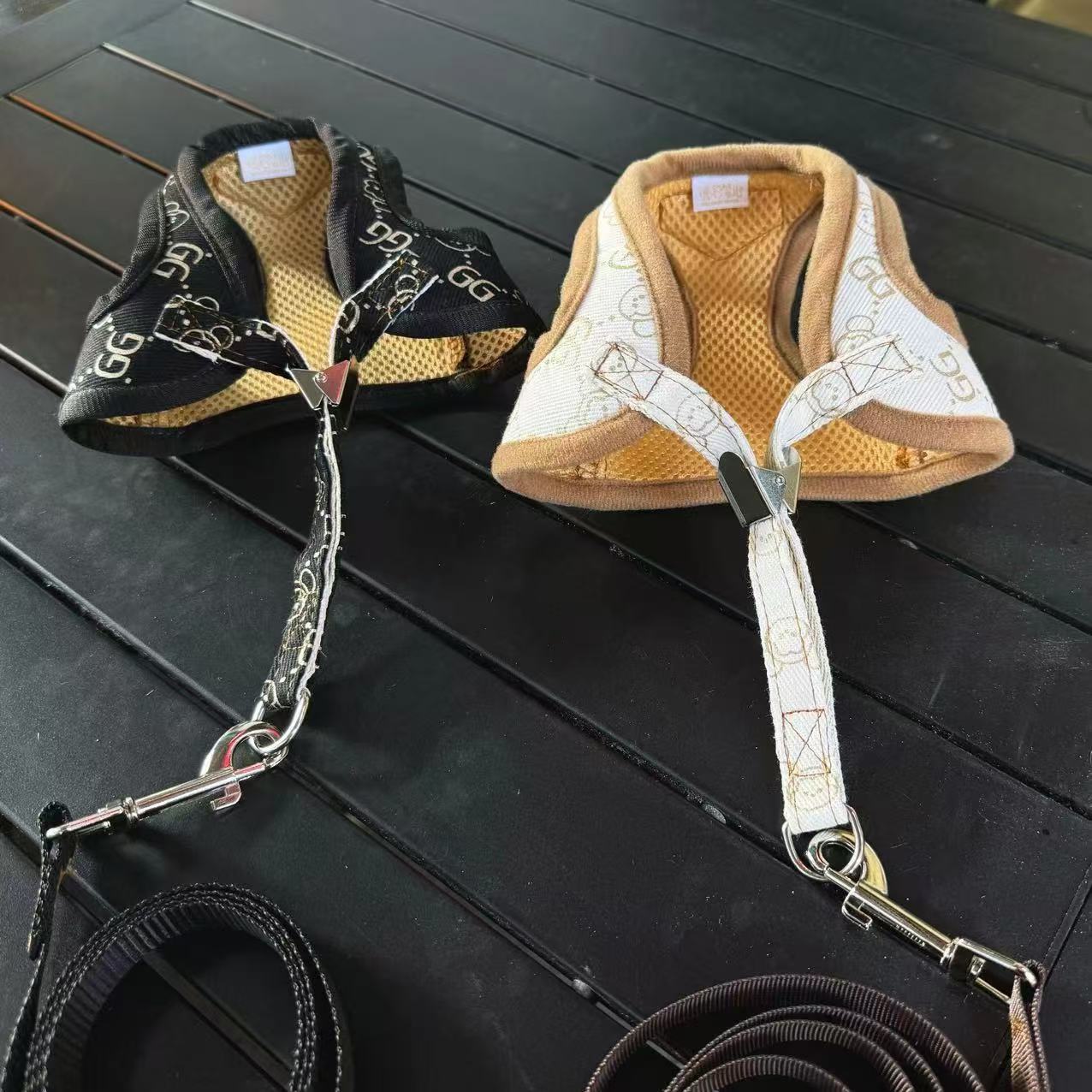 Adjustable Breathable Vest-Style Harness with Leash for Small/Medium Dogs & Cats - Gold Foil Design