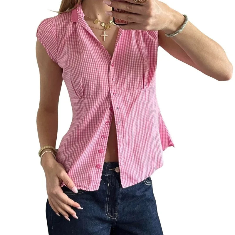 Xingqing Fairy Coquette Shirts y2k Clothing Women Plaid Print Single Breasted Short Sleeve Blouses Tops 2000s Clothes Streetwear 250717