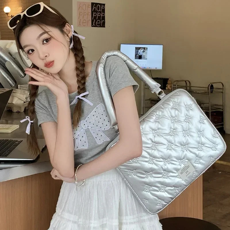 Silver Shoulder Computer Bag Korea Women Bow Travel Organizer Canvas Bookbag Laptop Daypack Computer Inner Bag Storage Bags 250717