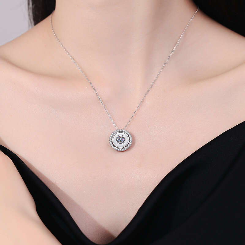 S Pure Sier for Women Natural White Mother-of-Pearl Luxurious Geometric Double Circle Pendant 50 Points Moissanite Necklace ba4
