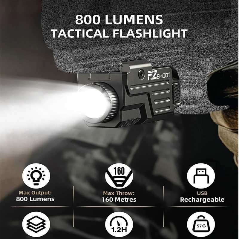 EZshoot Tactical Flashlight 800 Lumens D Light Compatible with Pistol Picatinny and GL Rails USB Rechargeable Strobe Mode XJ250718
