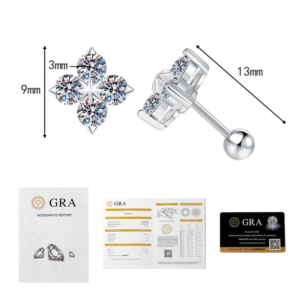 D Color Moissanite s Sterling Sier Simple Ins Style Four-Leaf Clover Screw Earrings e6d