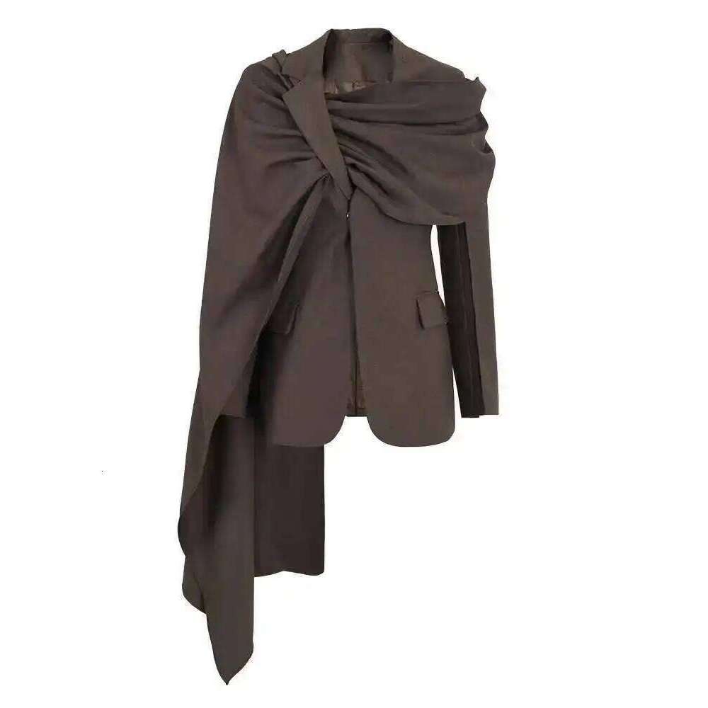 Coffee Irregular Scarf Elegant Blazer Women New Lapel Long Sleeve Loose Fit Jacket Fashion Tide Spring Autumn