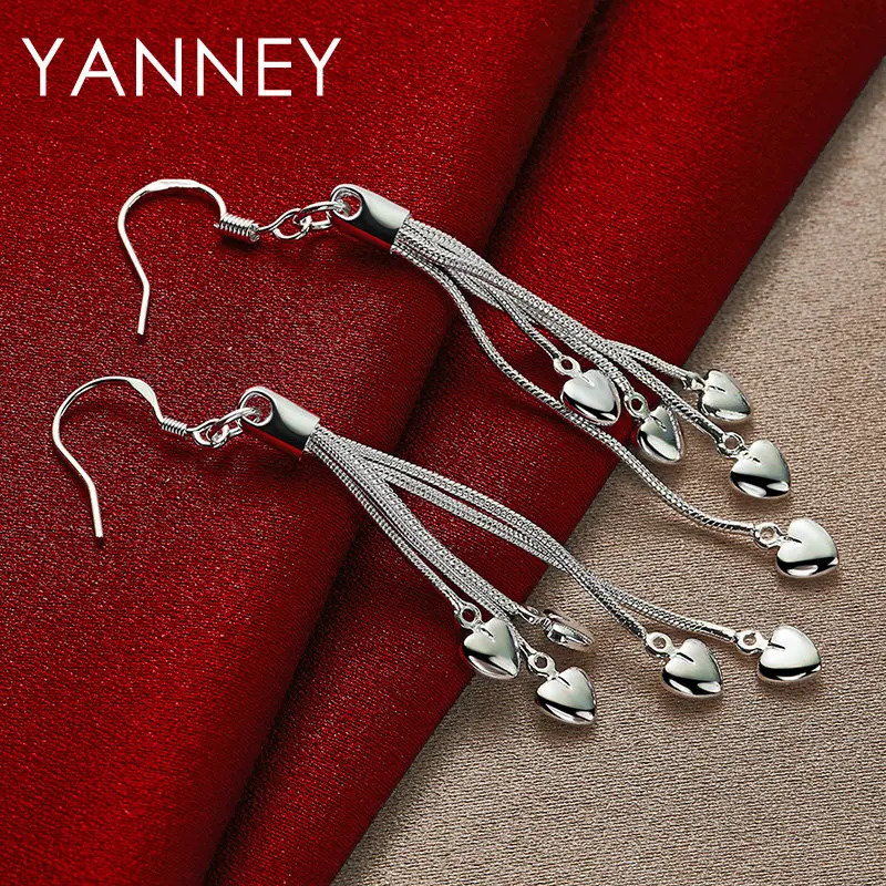 Womens 925 Sterling Silver 70MM Upper Tassel Heart Earrings For Fashion Girlfriend Wedding Jewelry Gifts Accessories 250715