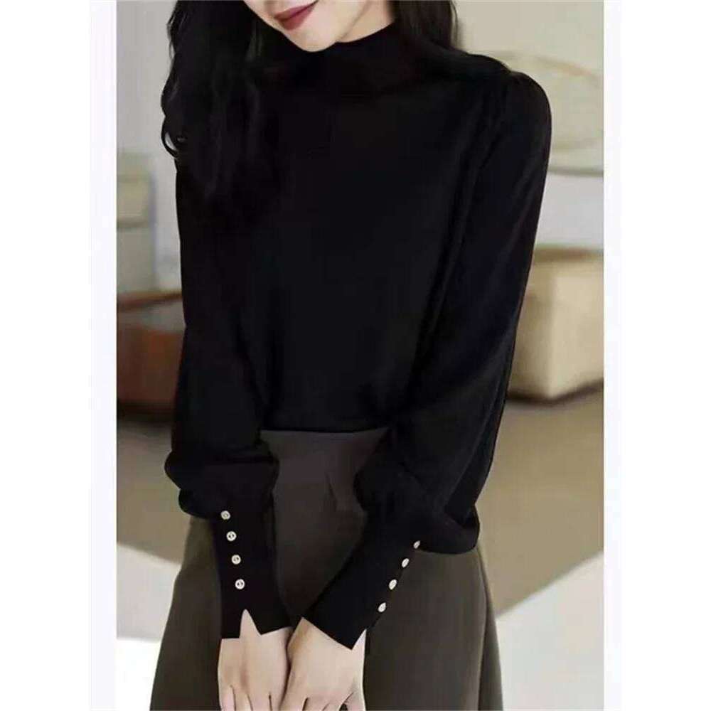 High Necked Pullover Shirts Women Button Up Lantern Sweaters Solid Color Wool Knitwear Women's Long Sleeve Top Turtleneck MDNG